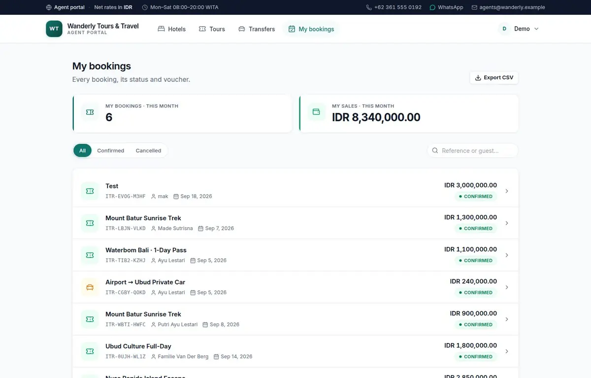 An agent bookings list with month statistics, status filters and reference numbers
