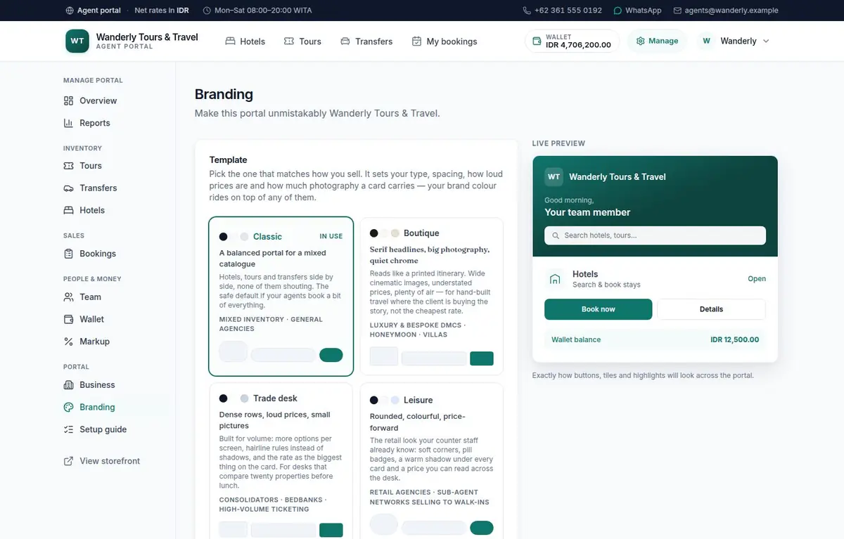 A branding editor with colour palette cards, a hex picker and a live preview of portal components
