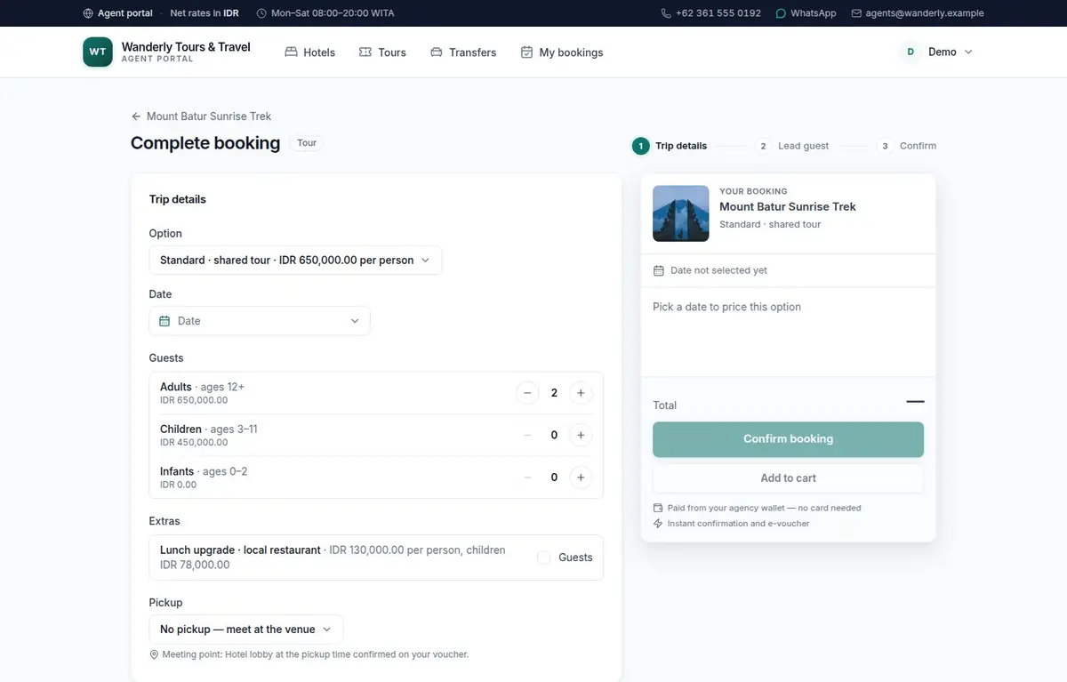 A three-step checkout with a sticky summary showing the running total and cancellation terms