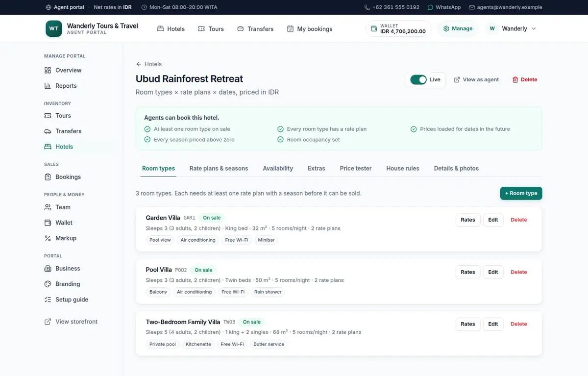 A hotel workspace showing room types, rate plans, seasonal prices per occupancy and contracted cost