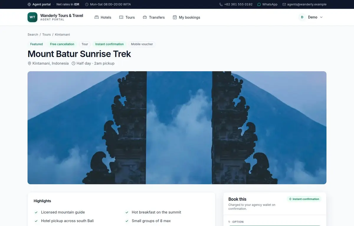 A tour product page with a booking widget showing option, date, passenger bands and a live total