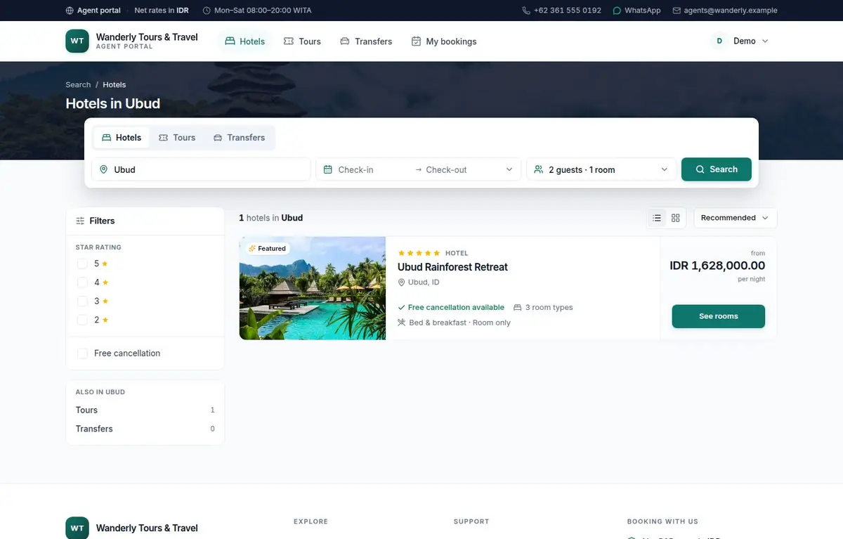 Search results with a filter rail showing price band and star rating, and a grid of hotel cards