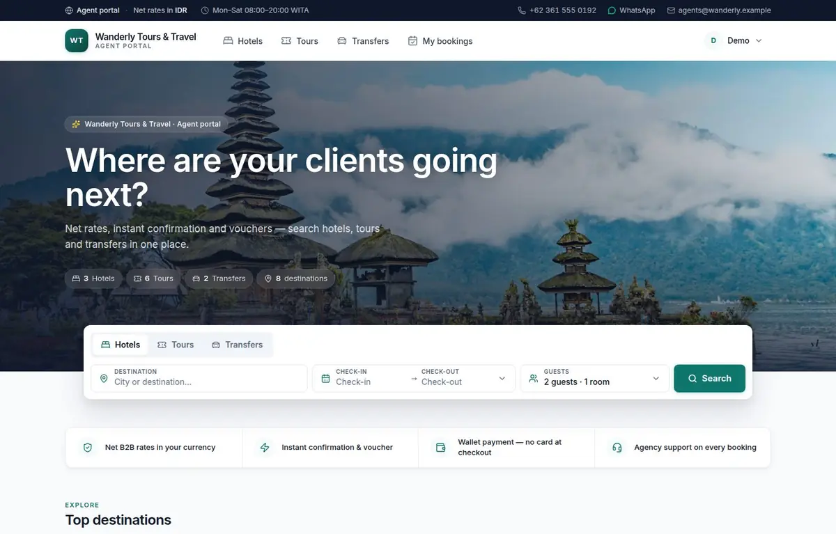A branded agent portal home page with a photo hero, search widget, destination grid and featured product cards priced in rupiah
